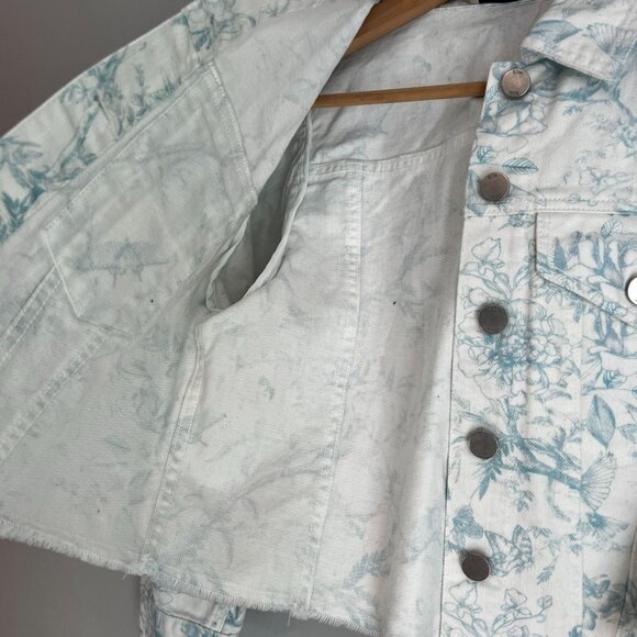 Elie Tahari Womens Denim Cropped Floral Printed Jean Jacket SMALL White - Picture 6 of 10